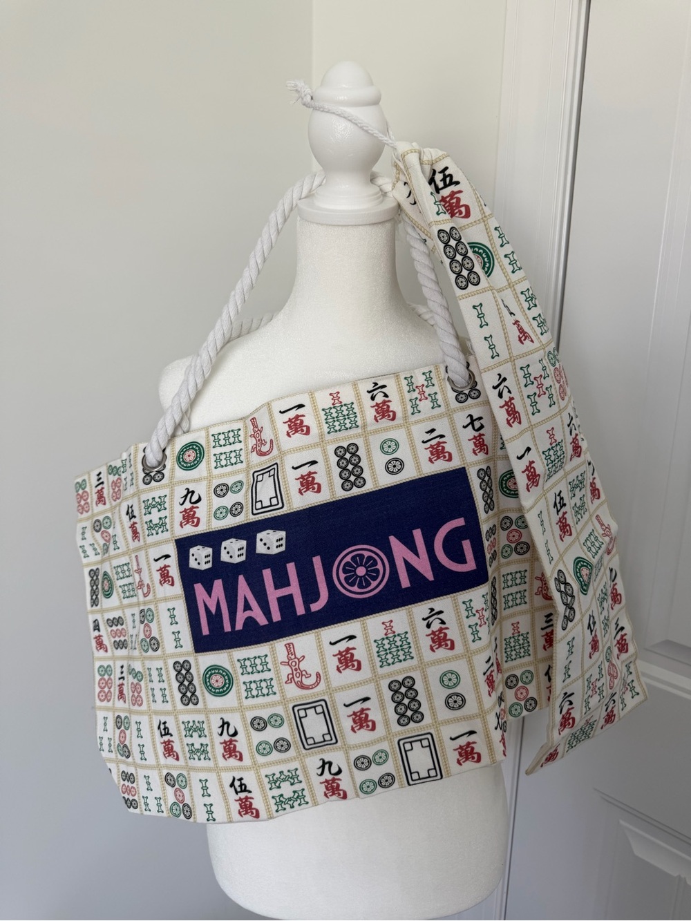 Mahjong Tile Print Canvas Tote Bag with Rope Handles & long narrow tote draw bag